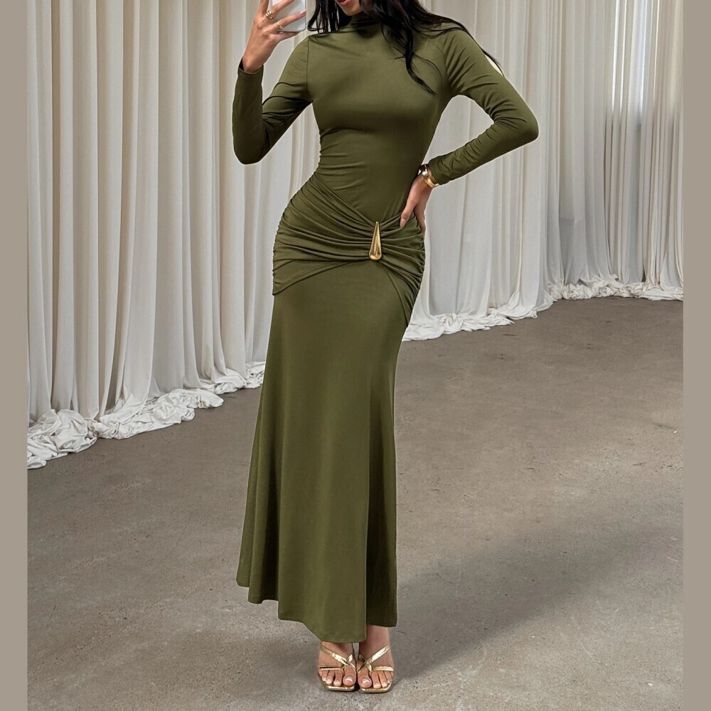 Olive Green Ruched Mock Neck Long Sleeve Maxi Dress with Gold Teardrop